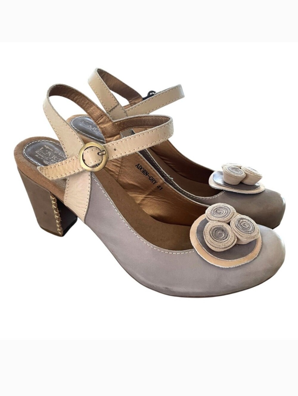 Coquette Mary Janes Size 41/10.5 Gray Cream Leather Slingback Heels Fairy